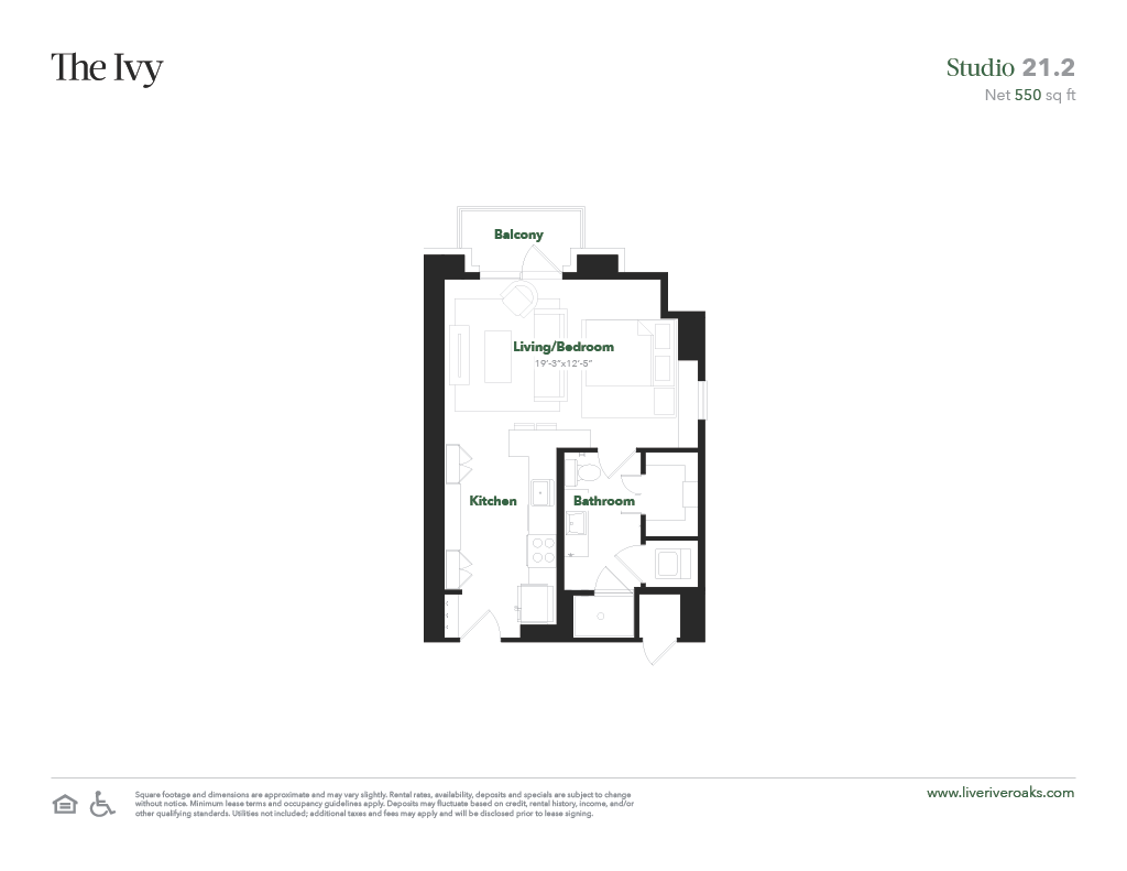 Floor plan for studio, 1 bath, 550 sqft